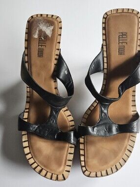 Pelle Moda Black Heeled Sandals Boho Chic Vintage Unique Size 8.5